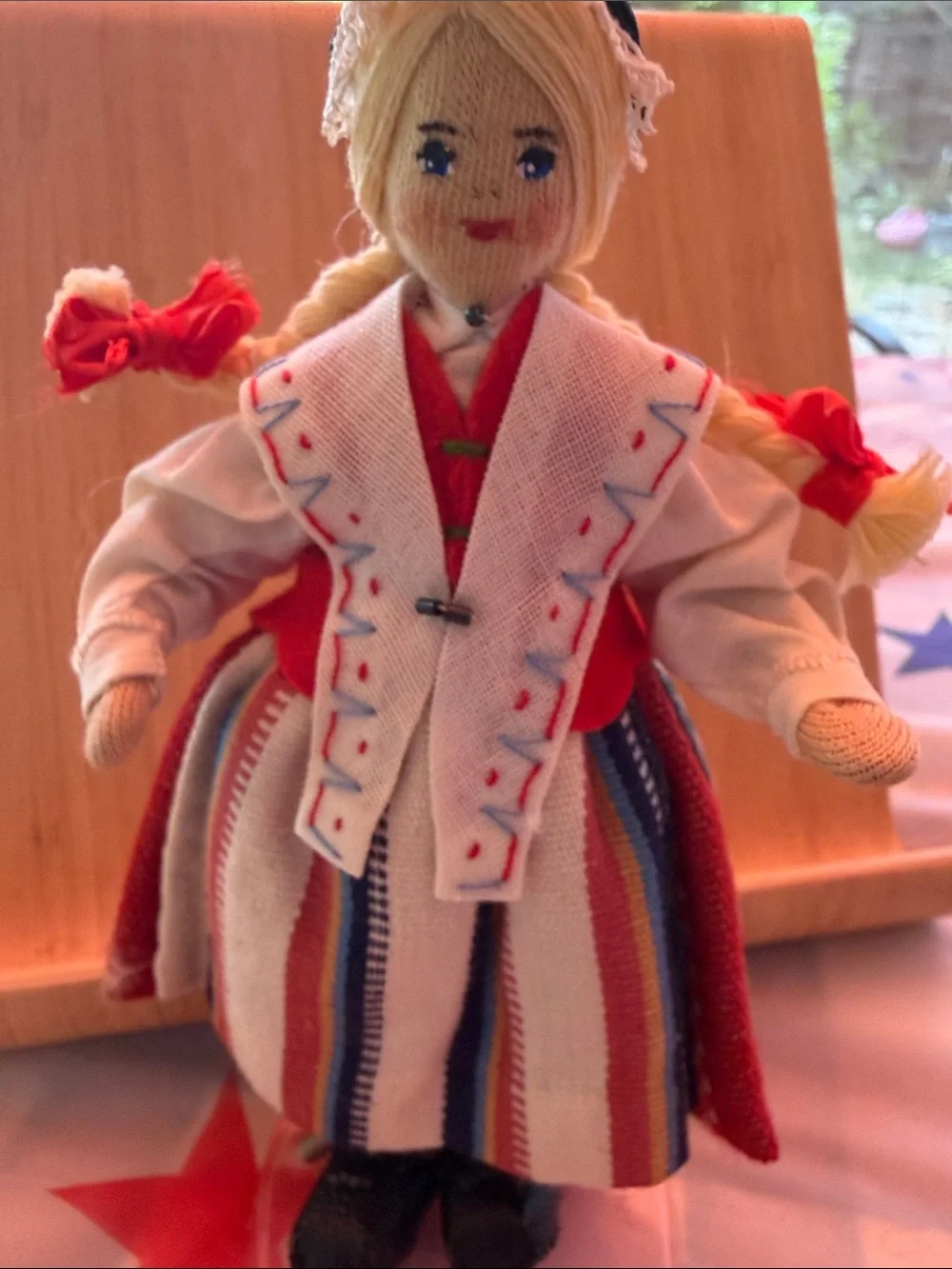 Handcrafted Girls Traditional Red & White Doll in Striped Dress